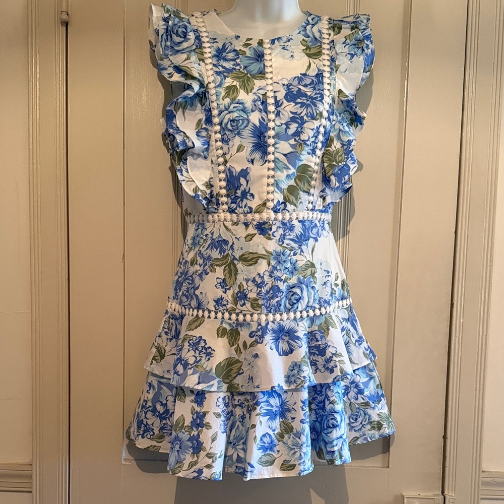 Brand New Blue Floral Ruffled Mini Dress